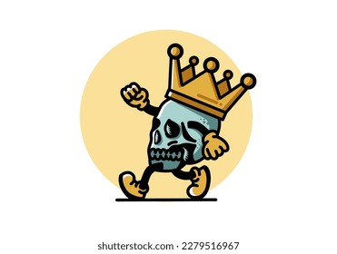 Illustration design of a Walking skull wearing a big crown