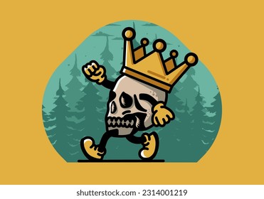 Illustration design of a Walking skull wearing a big crown