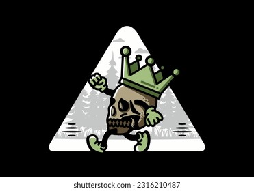 Illustration design of a Walking skull wearing a big crown