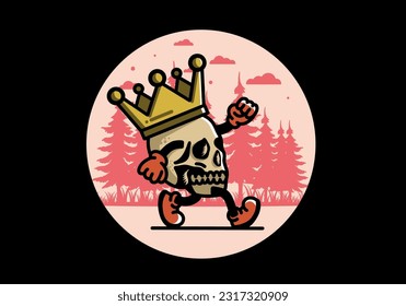 Illustration design of a Walking skull wearing a big crown