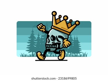 Illustration design of a Walking skull wearing a big crown