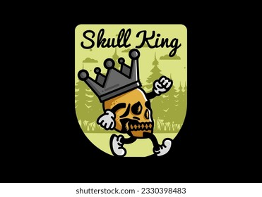 Illustration design of a Walking skull wearing a big crown