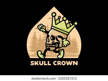 Illustration design of a Walking skull wearing a big crown