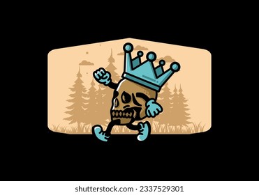 Illustration design of a Walking skull wearing a big crown