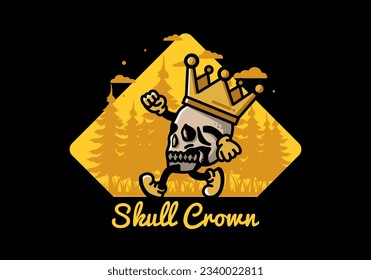 Illustration design of a Walking skull wearing a big crown