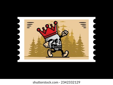 Illustration design of a Walking skull wearing a big crown