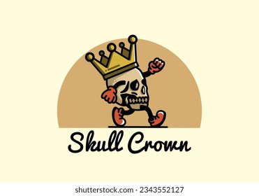 Illustration design of a Walking skull wearing a big crown