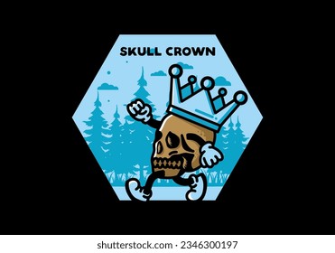 Illustration design of a Walking skull wearing a big crown