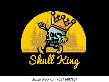 Illustration design of a Walking skull wearing a big crown