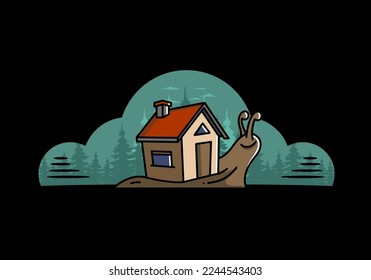 Illustration design of a walking snail and house