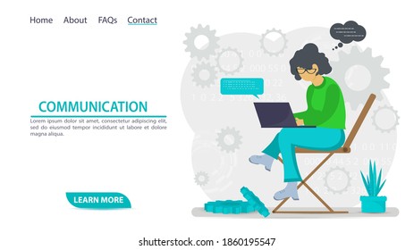 illustration for the design of web pages and mobile applications, a girl with glasses sitting on a chair, and communicating on the network in a laptop, flat cartoon style