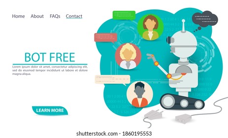 illustration for the design of web pages and mobile applications, robot chat bot selects a subscriber for communication, flat cartoon style