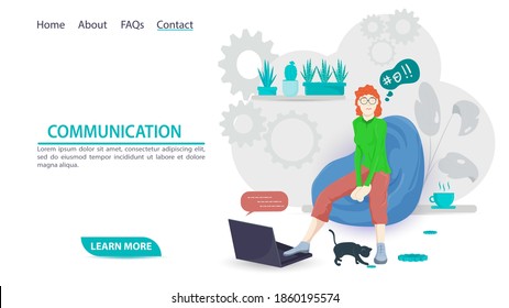 illustration for the design of web pages and mobile applications, a girl sitting in a chair next to a laptop, and communicating, flat cartoon style