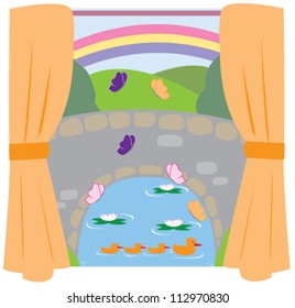 Illustration design of a window with a stone arch bridge over a stream suitable for wallpaper or sticker