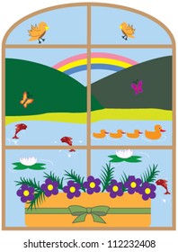 Illustration design of a window with a view of a lake and hills with animals suitable for wallpaper or wall sticker for children