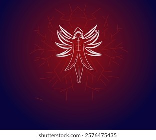 Illustration design of a winged character wearing a white robe flying out of power