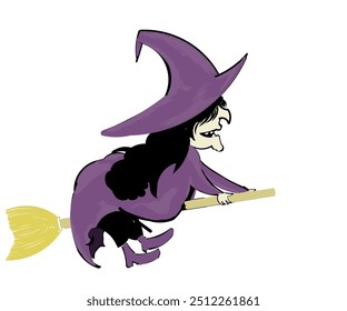 Illustration design of a witch wearing a purple cape and hat with black hair flying on a magic broom.