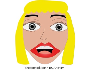 An illustration design of a woman face which  has a blonde hair and red lips. She has a funny face. 