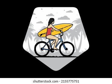 illustration design of a woman going surfing on a bicycle