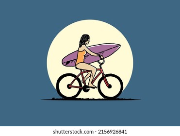 illustration design of a woman going surfing on a bicycle