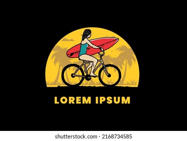 illustration design of a woman going surfing on a bicycle