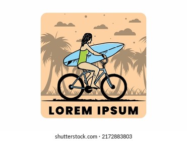 illustration design of a woman going surfing on a bicycle