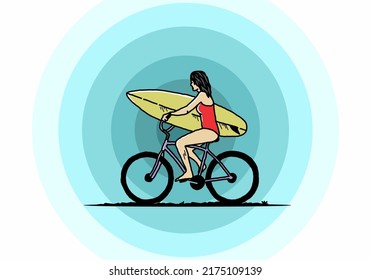 illustration design of a woman going surfing on a bicycle