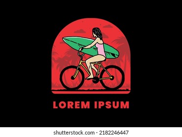 illustration design of a woman going surfing on a bicycle