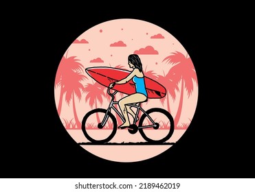 illustration design of a woman going surfing on a bicycle