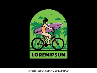 illustration design of a woman going surfing on a bicycle