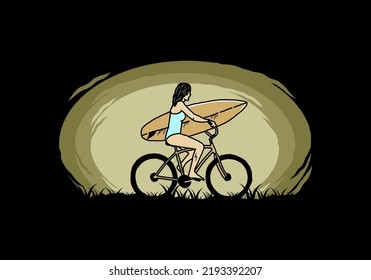 illustration design of a woman going surfing on a bicycle