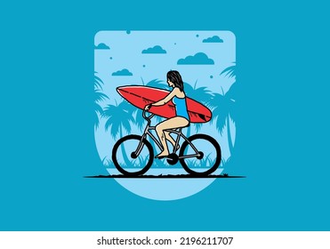 illustration design of a woman going surfing on a bicycle