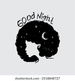 the illustration design of a woman with her hair depicts the beautiful atmosphere in outer space, there is the moon and stars, it is a sign that it is night time, it is time to sleep