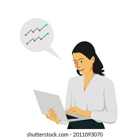 illustration design of a woman looking at stock movements on a laptop