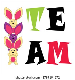 Illustration design of the word team with rabbit decoration on the side
