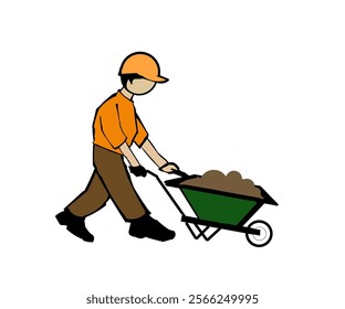 Illustration design of a worker pushing a cart filled with sand