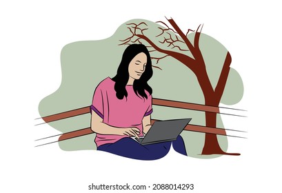 illustration design of working woman with laptop accessing internet. vector 
