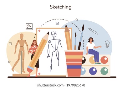 Illustration designer. Artist drawing picture for book and magazines in sketch technique. Modern creative profession. Isolated vector illustration