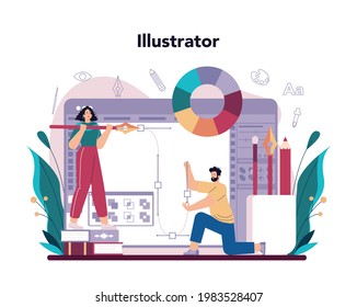 Illustration designer. Artist drawing picture for book and magazines, digital illustration for web sites and advertising. Creative profession. Flat vector illustration