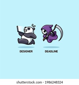 Illustration of a designer being haunted by his client using an illustration of a panda and a ghost