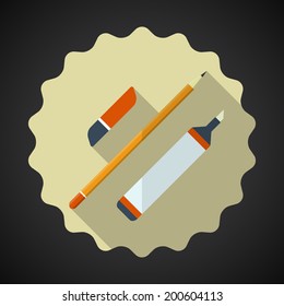 Illustration of Designer Drawing Items include pencil, eraser, marker  Flat Vector Icon with long shadow