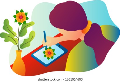 Illustration of a designer drawing on a tablet during the day. Graphic resources for landing page, mobile app, website and ui ux