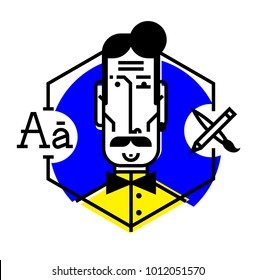 Illustration of a designer icon in a flat style. Vector icon isolated on white background. Image of web designer, ready for website and printing. The character of the company. Mascot.