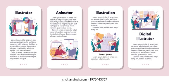 Illustration designer mobile application banner set. Artist drawing picture for book and magazines, digital illustration for web sites and advertising. Creative profession. Flat vector illustration