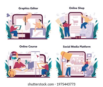 Illustration designer online service or platform set. Artist drawing picture, digital illustration. Online shop, course, graphics editor, social media. Flat vector illustration