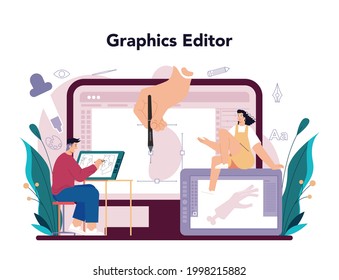 Illustration designer online service or platform. Artist drawing picture, digital illustration. Online graphics editor. Flat vector illustration