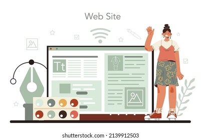 Illustration designer online service or platform. Artist drawing pictures and digital illustrations. Creative profession. Website. Flat vector illustration