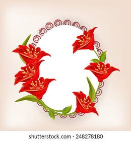 Illustration of a designer oval shaped frame decorated with stylish red flowers with space for your message.