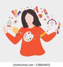 Illustration of Designer Surrounded By Floating Design Tools. Concept Of Digital Artist. Includes Icons For Brush, Palette, Typography, Eyedropper, Lightbulb And More.