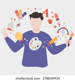Illustration des Designers, umgeben von schwimmenden Design-Tools. Konzept des digitalen Künstlers. Enthält Symbole für Pinsel, Palette, Typografie, Eyedropper, Glühbirne und mehr.